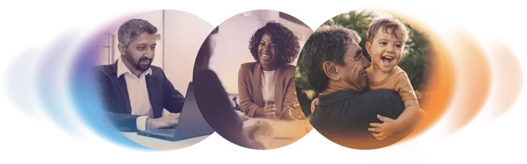 A collage of three circular photos blending into each other: on the left, a man in a suit works on a laptop; in the center, two professionals smile during a meeting; on the right, an older man joyfully hugs a laughing child outdoors, with soft gradients of blue, purple, and orange connecting the scenes.