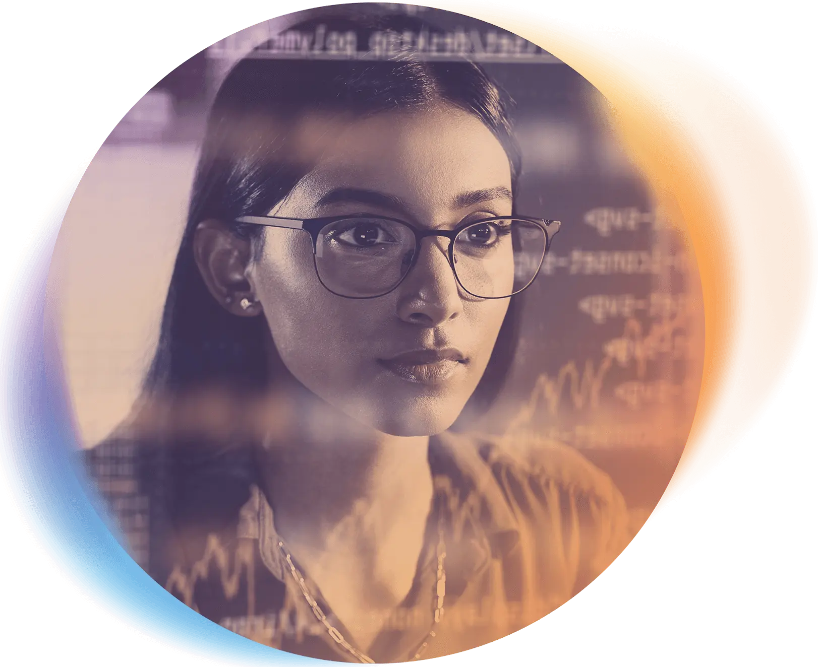 Focused woman analyzing projected biometrics data and equations.